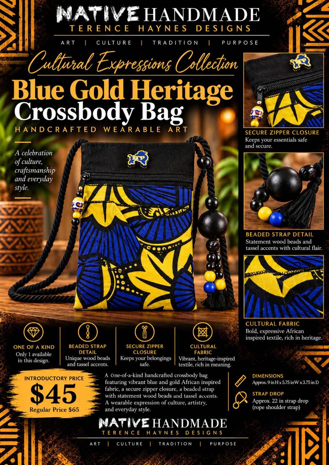 Blue Gold Heritage Crossbody Bag — Cultural Expressions Collection